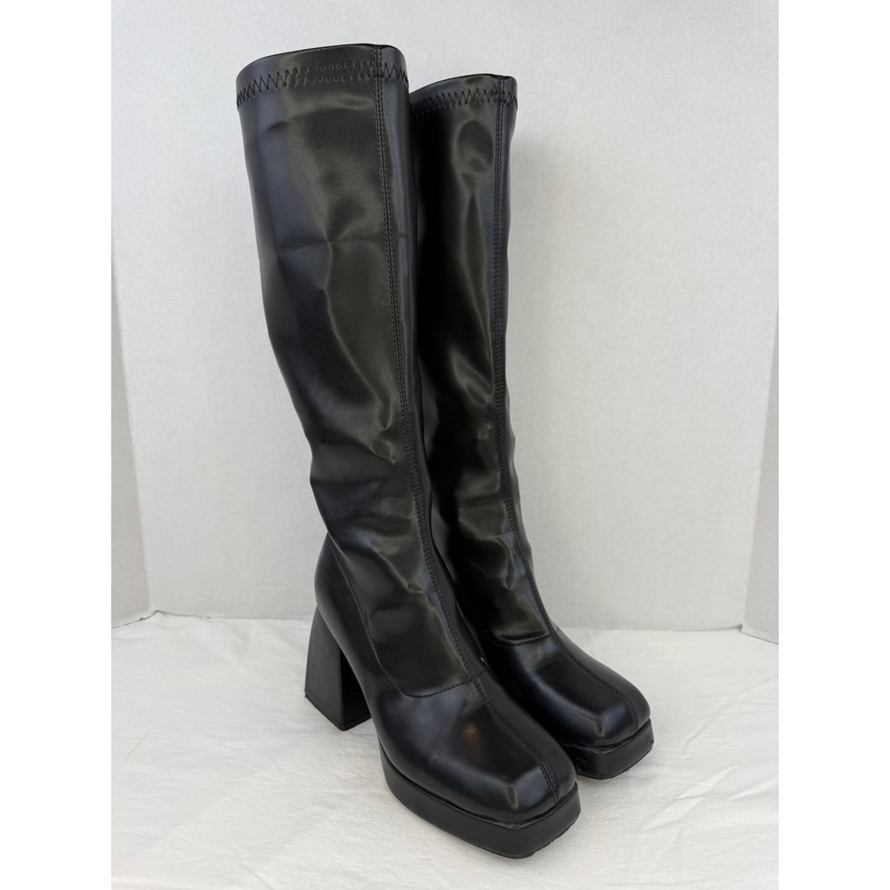 Vintage 90's Y2K Bratz Black Platform Boots Knee High Block Chunky Heel Sz 8.5M